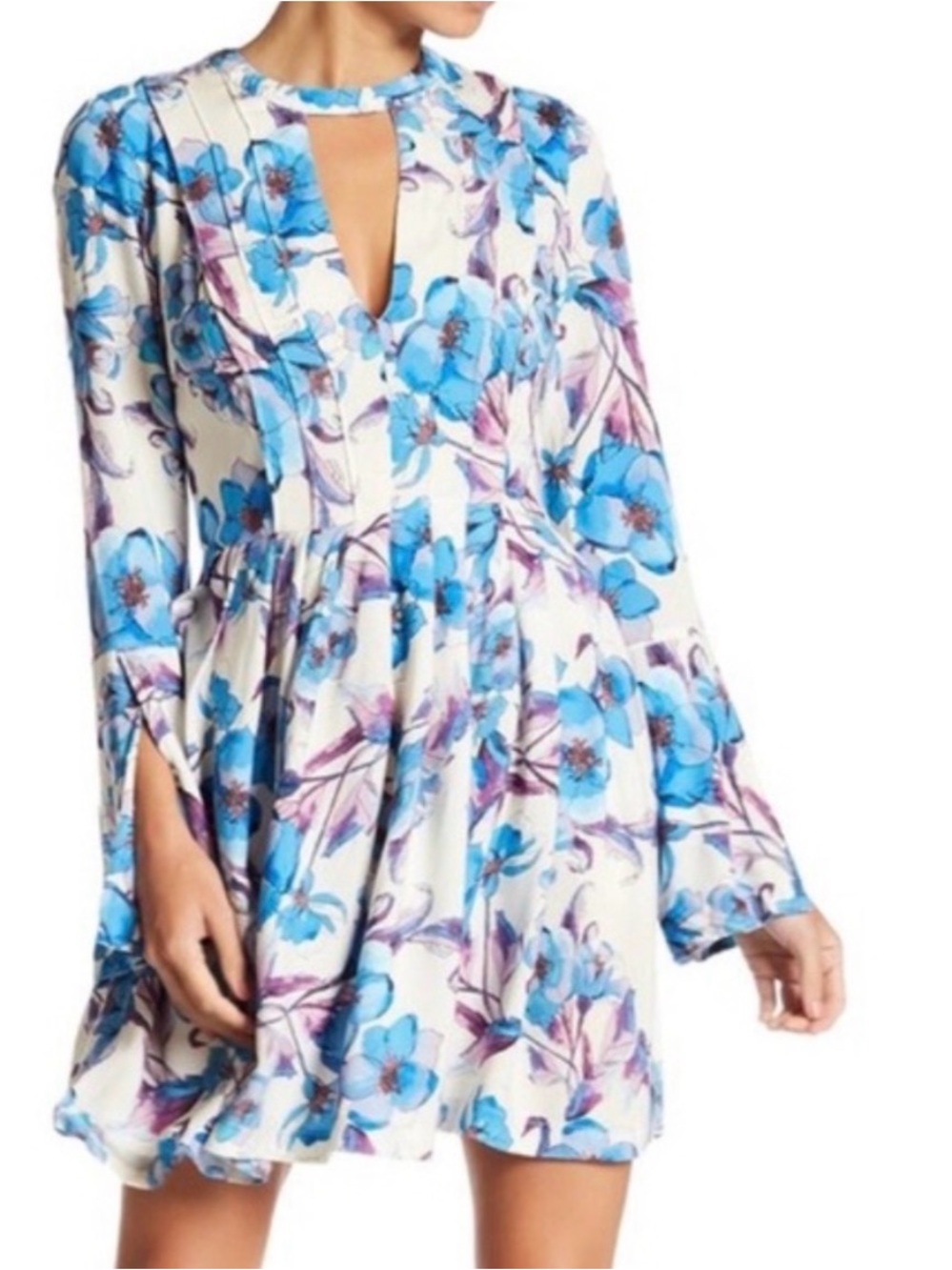 Free People Tegan Dress 2 Blue Floral Printed Cut Out Boho Long Sleeve Mini